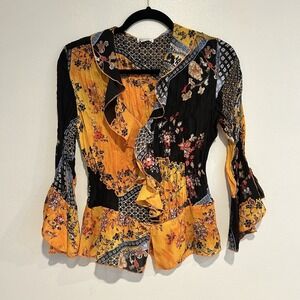 Jaipur Y2K Gold Crepe Floral Ruffled Blouse Button Up Accordion Pleats Small